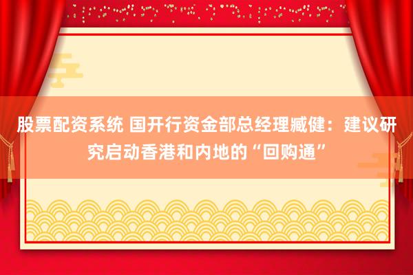 股票配资系统 国开行资金部总经理臧健：建议研究启动香港和内地的“回购通”